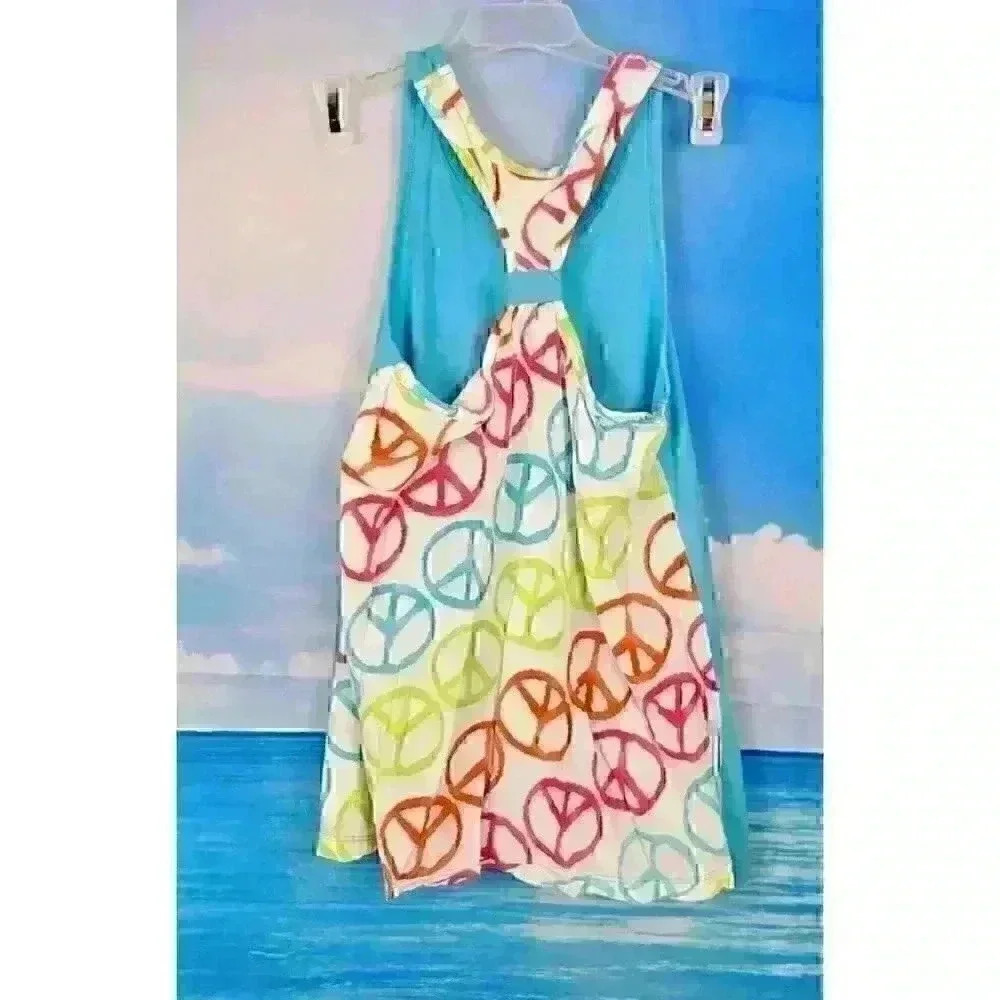 POGO CLUB Beach Cover HIPPIE BOHO Tank Top Racerback TEAL Peace Signs Lg 14/16 - Picture 4 of 6